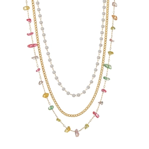 Bohemian multilayer necklace with colorful stones, white pearls and gold chain