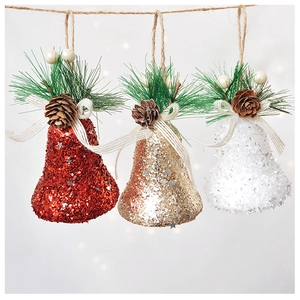 Cloches de Noël scintillantes avec pommes de pin et rubans en rouge, or et blanc
