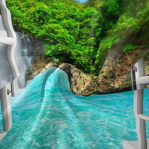 Close-up of translucent landscape tapestry with waterfall and lush forest digital print