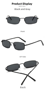 Detailed views of small rectangular metal sunglasses with dark grey lenses and nose pads