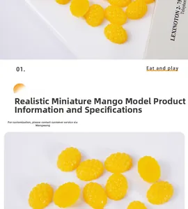 Vue macro de morceaux de mangue miniatures en résine jaune pour l'artisanat et la maison de poupée