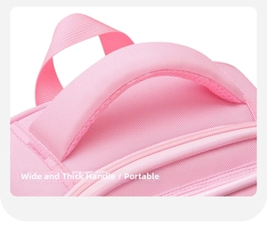 Detail of widened thickened top handle with breathable foam on pink school backpack