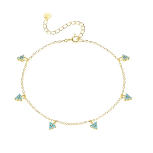 S925 sterling silver gold anklet featuring blue clover turquoise pendants and a spring clasp