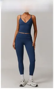 Detail view of the twilight blue two-piece yoga set with V-neck camisole and high-waist leggings