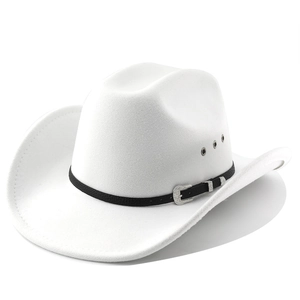 Detail of white western cowboy hat with black decorative band and silver engraved buckle