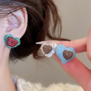 Minimalist resin heart stud earrings with fabric texture and cute teddy bear patterns