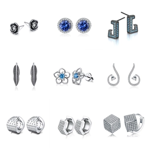 Collection of S925 sterling silver earrings featuring blue and white zircon in geometric shapes
