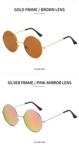 Detailsicht runder Metall-Sonnenbrillen mit Gold-Tee- und Silber-Rosa-Spiegelgläsern