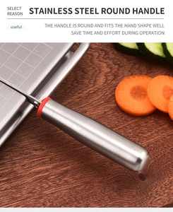 Close-up of stainless steel cheese slicer with measurement scales and ergonomic handle
