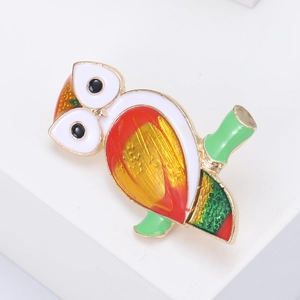 Charming enamel owl brooch in gold finish with vibrant colorful cartoon details