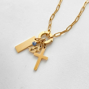Exquisite 14K gold plated stainless steel necklace with cross and multi-charm pendants