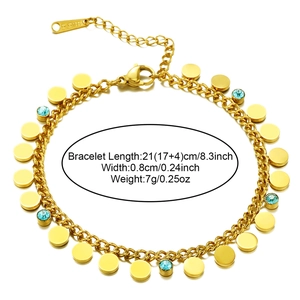 Detail of gold titanium steel bracelet with blue gem pendant and dimension specs