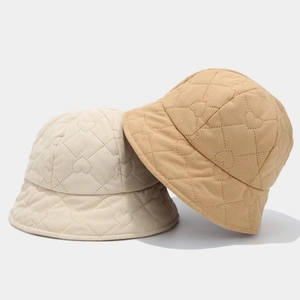 Vintage corduroy bucket hat with heart quilting in beige and khaki for autumn winter