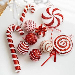 Christmas Hanging Ornaments Red White Foam Glitter Candy Cane Lollipop Striped Decorative Balls Holiday Tree Decorations