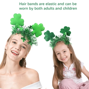 Adult and child models wearing green sequin shamrock headbands for St. Patrick's Day