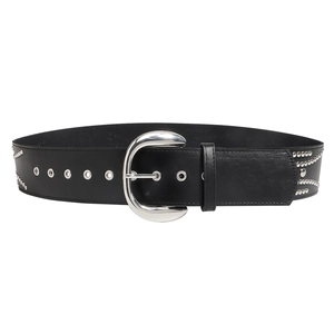 Retro black leather waist belt with silver metal buckle and rivets on white background