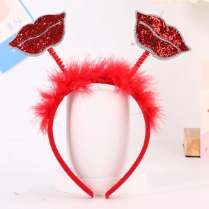Serre-tête pailleté lèvres rouges avec plumes pour décoration de cheveux Valentin