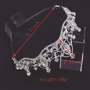 Detail view of bridal silver crystal tiara with dimensions 4.7 x 1.5 inches and 46g weight