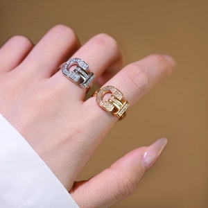 Fashion Horsebit Buckle Open Ring Gold Plated Copper Pave Rhinestone Hollow Adjustable Finger Jewelry For Women