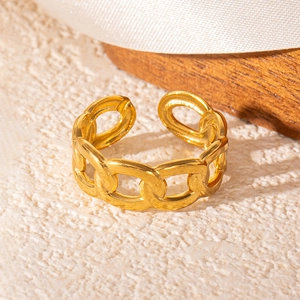 Detailed view of an adjustable gold-plated snake chain ring on a luxury textured display