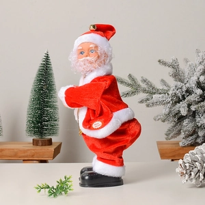 Détail du Père Noël électrique avec costume en velours et bouton de fonction on/off