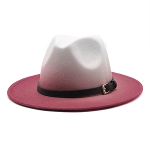 Fedora hat with white to burgundy gradient and black leather band with gold buckle