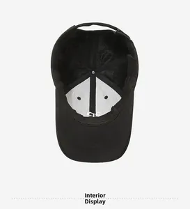Interior view of black cotton baseball cap showing six-panel structure and metal buckle