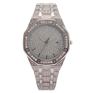 Silver octagonal luxury watch for women with full diamond crystals and date display