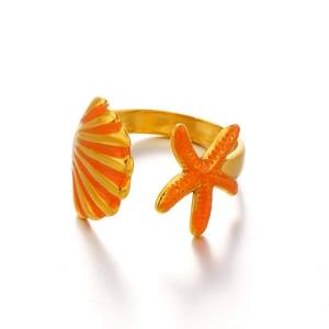 Adjustable gold starfish and shell open ring with colorful enamel for beach vacations