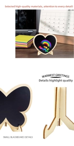 Close-up of mini wooden heart and butterfly blackboards with removable easel stands