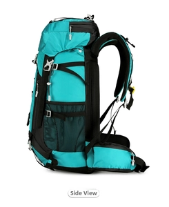 Side view showing padded breathable mesh shoulder straps and support waist belt on blue hiking bag