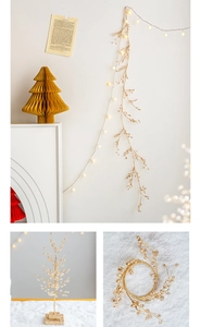 Golden bead light string and tree-shaped tabletop ornament for Christmas decor