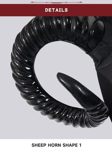 Close-up of black sheep horn headpiece showing realistic texture and glossy finish
