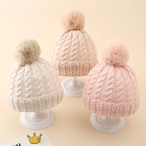 Infant Cable Knit Beanie Hat Fleece Lined Winter Warm Pom Pom Acrylic Newborn Baby Skull Cap Crochet Soft Outdoor Headwear