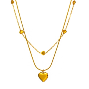 Elegant gold double layer necklace featuring a sleek snake chain and puffy heart pendants