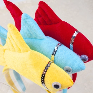 Plush cartoon ocean animal fish headbands with sequins in yellow, blue, and red colors
