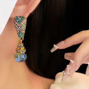 Vintage gold-tone drop earrings with colorful crystals and blue trapezoid pendant