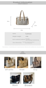 Detailed diagram of the large canvas tote bag showing dimensions and five color options