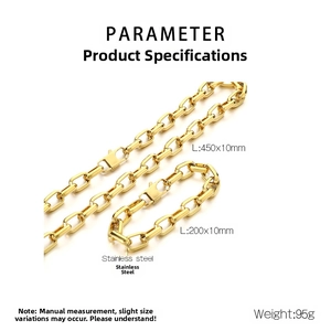 Golden stainless steel rectangle link chain necklace and bracelet set with dimensions