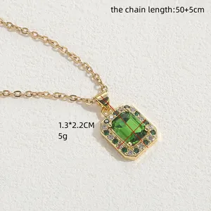 Square green zircon titanium steel pendant necklace with 50+5cm gold chain
