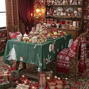 Christmas Theme Rectangular Tablecloth Polyester Table Cover Reindeer Snowflakes Print Holiday Decor Festive Table Linens