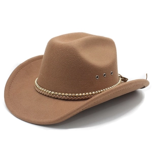 Classic camel wool cowboy hat with wide brim and beaded band on a white background