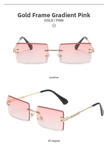 Detailed view of rimless square sunglasses with gold metal temples and pink gradient lenses