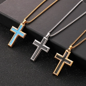 Men Cross Necklace Stainless Steel Titanium With Carbon Fiber Texture Inlay Punk Hip Hop Style Jewelry Accessory