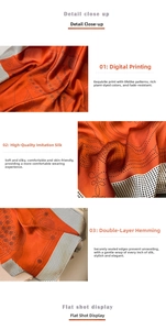 Macro detail of high-quality orange polka dot silk scarf with digital printing and hand-rolled hem