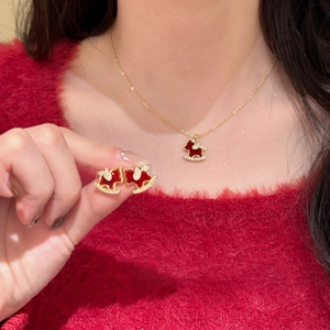 18K gold plated horse necklace and earrings set with red enamel and white zircons