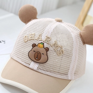 Toddler boys mesh sun hat with cute cartoon capybara badge and breathable design