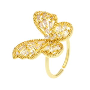 Adjustable golden butterfly ring with sparkling zircon stones in a minimalist hollow design