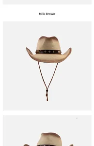 Detail of vintage woven cowboy hat in milk brown with leather band and golden studs