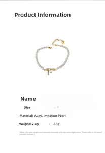 Detailed view of 21.4cm bow pearl bracelet showing alloy material and weight specifications
